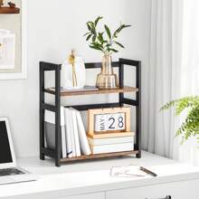 SONGMICS Portaspezie OFS046B01, scaffale portaoggetti a 2 ripiani, organizer da scrivania, struttura in bambù, per cucina, sala da pranzo, ufficio, rustico, marrone e nero