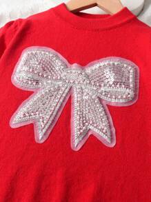 Toddler/Little Girls Cute Butterfly Knitted Pullover Sweater, Suitable For Everyday Wear In Spring, Autumn & Winter - Red - View 4