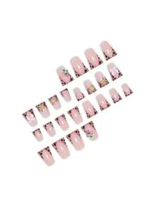 24 piezas de uñas postizas de boca de pato con diseño de moño 3D y corazón de estilo leopardo Y2K de lujo, adecuadas para el uso diario de mujeres y niñas