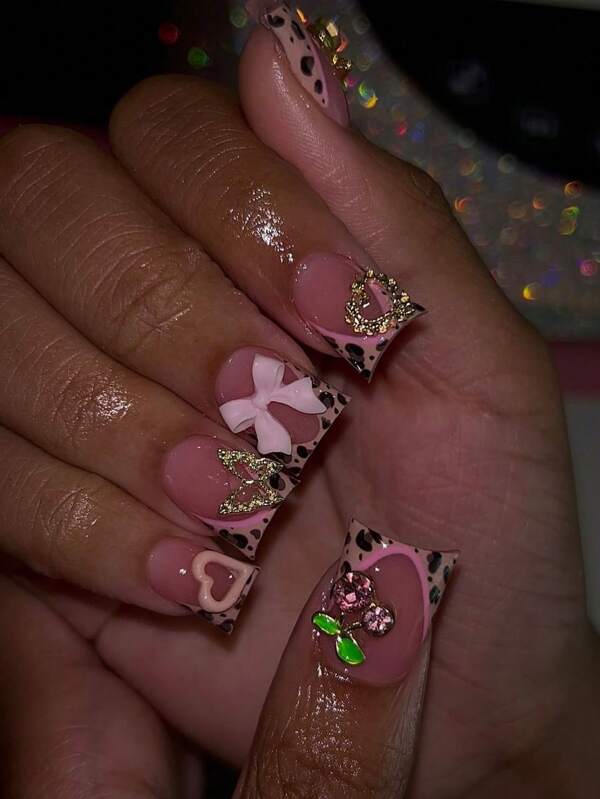24 piezas de uñas postizas de boca de pato con diseño de moño 3D y corazón de estilo leopardo Y2K de lujo, adecuadas para el uso diario de mujeres y niñas
