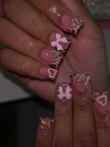 24 piezas de uñas postizas de boca de pato con diseño de moño 3D y corazón de estilo leopardo Y2K de lujo, adecuadas para el uso diario de mujeres y niñas