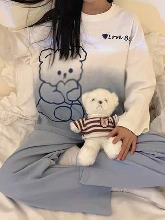 AICJ 2pcs Women Casual Bear & Letter Print Long Sleeve Top And Pants Lounge Set, Comfortable Home Clothes For Spring, Summer, Autumn, Lounge Cozy Outfit, For Fall Winter Clothes