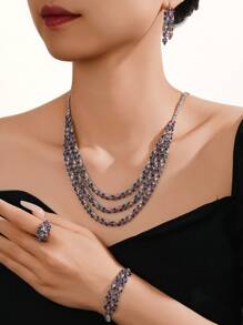 4 pièces / set de bijoux de fête tendance, collier multicouche, pierre de zirconium colorée incrusté de cuivre, ensemble de bijoux élégant pour femmes, convient au Moyen-Orient, en Europe et en Amérique