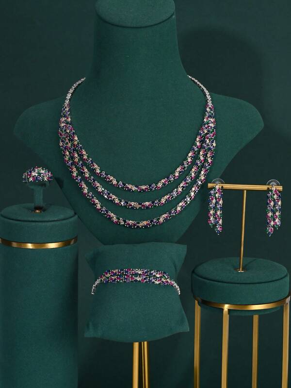 4 pièces / set de bijoux de fête tendance, collier multicouche, pierre de zirconium colorée incrusté de cuivre, ensemble de bijoux élégant pour femmes, convient au Moyen-Orient, en Europe et en Amérique