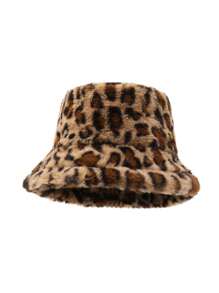1 pieza Sombrero de cubo de felpa con estampado de leopardo para mujer, cálido y versátil para otoño/invierno, con circunferencia de cabeza ajustable y grande