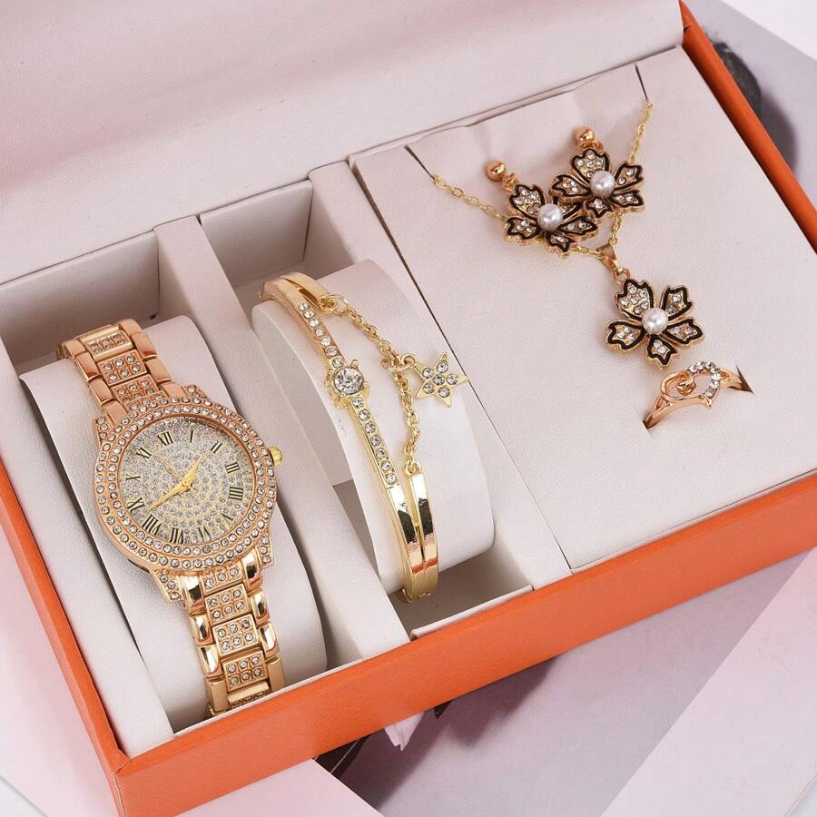 6pcs Rhinestone Jewelry Set, Include Flower Necklace, Earrings, Ring, Bracelet, Perfect For Parties Valentines - Silver - View 1