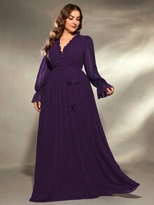 Plus Size V-Neck Asymmetrical Folded Frill Trim Tie Waist Flowy Long Sleeve Chiffon Dress, Bridesmaid Dress - Purple - View 6