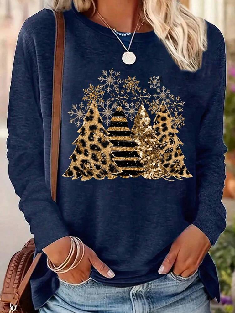 Women's Christmas Tree & Snowflake Print Crew Neck Long Sleeve T-Shirt - Navy Blue - View 1