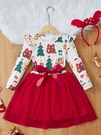 OIPOIG Young Girl Knitted Long Sleeve Dress, White Mesh Christmas Dress, Fashion Style, Soft & Cozy Fabric, Graphic Print, Suitable For Christmas Party, Holiday, Santa Claus Print, Girls Christmas Dress