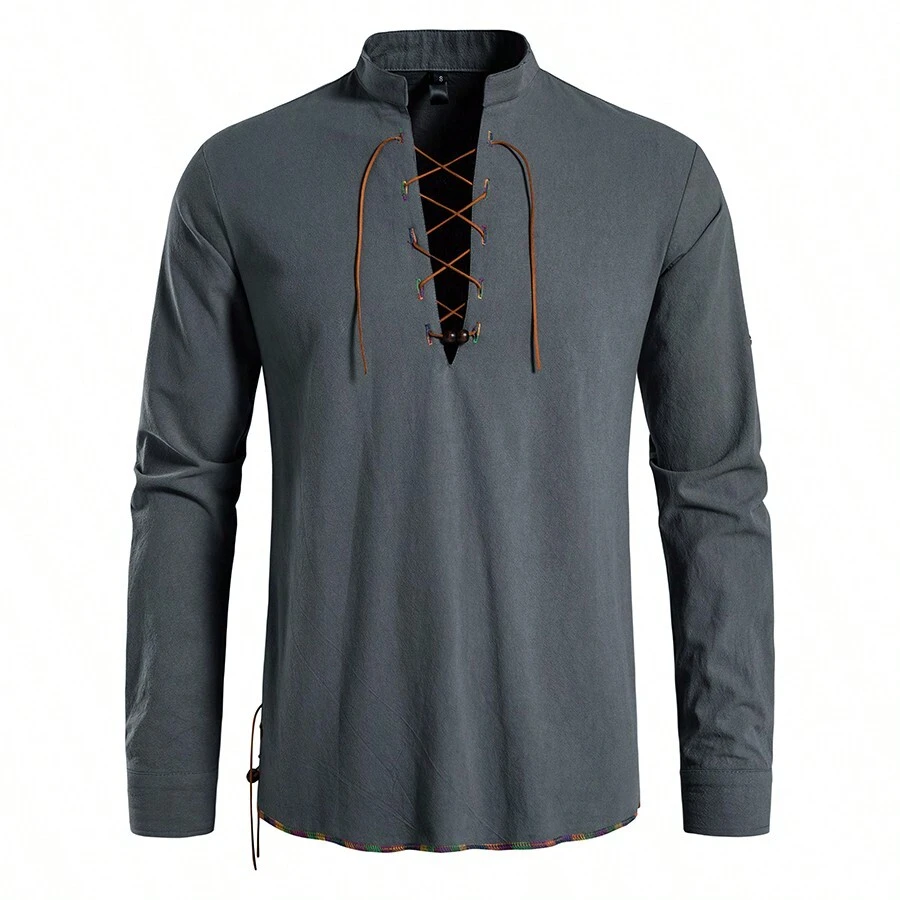 Men's Casual Henley Neck Long Sleeve Beach Shirt - Dark Grey - View 1