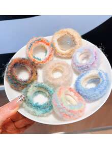 2 件装极简主义扎染彩虹色毛绒发圈，女士柔软毛绒发圈，适合所有季节 - 彩色 - 查看 1