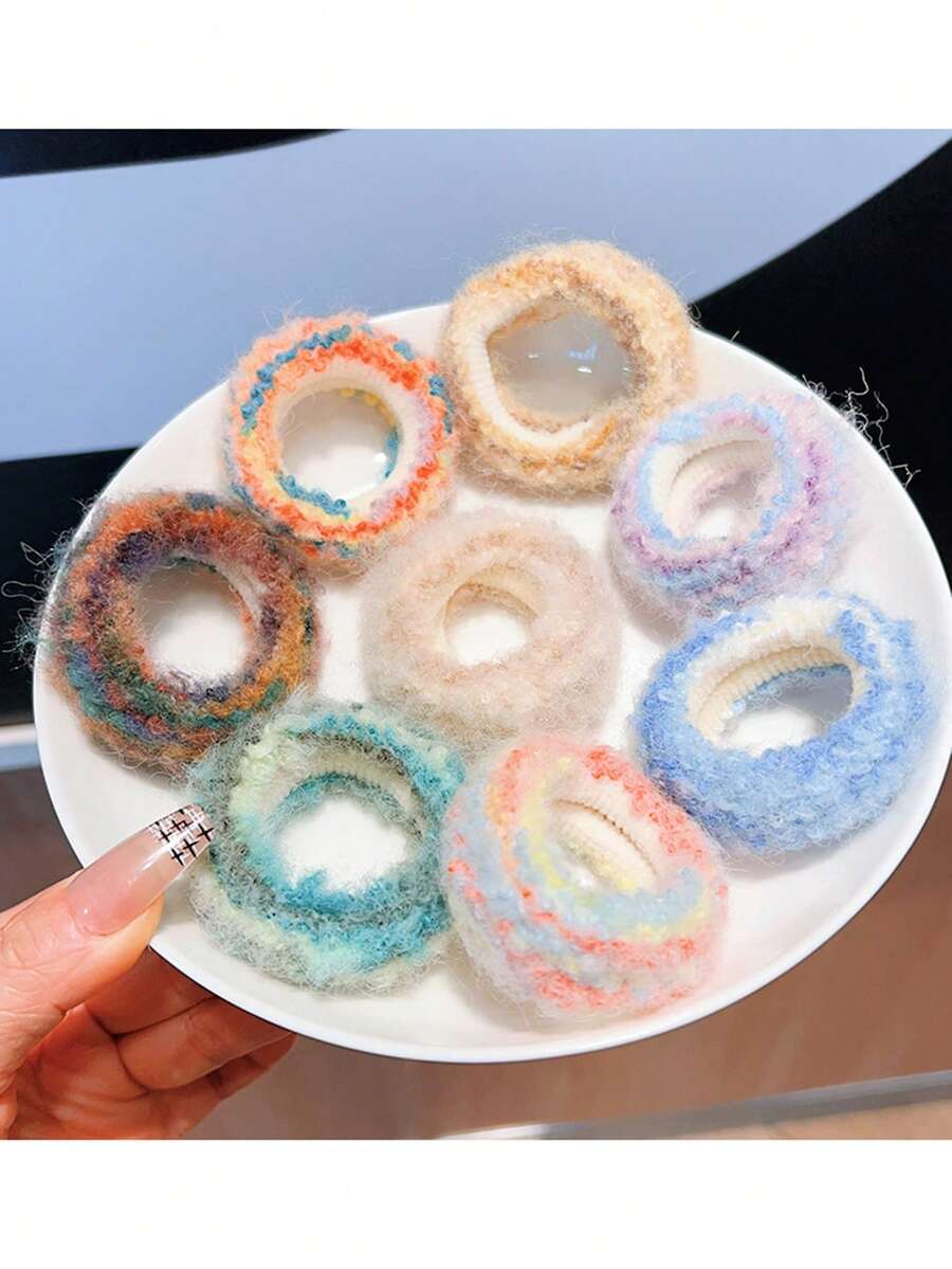 2 件装极简主义扎染彩虹色毛绒发圈，女士柔软毛绒发圈，适合所有季节 - 彩色 - 查看 1