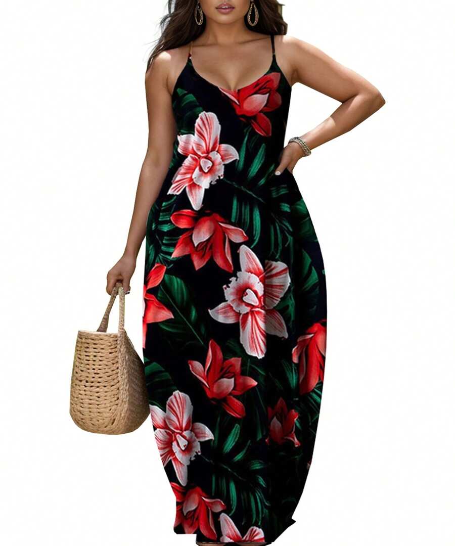Women's Summer Plus Size Hawaiian Dresses Tie Dye Spaghetti Strap Maxi Dress Beach Boho Casual Sundress - 酒紅色 - 查看 1
