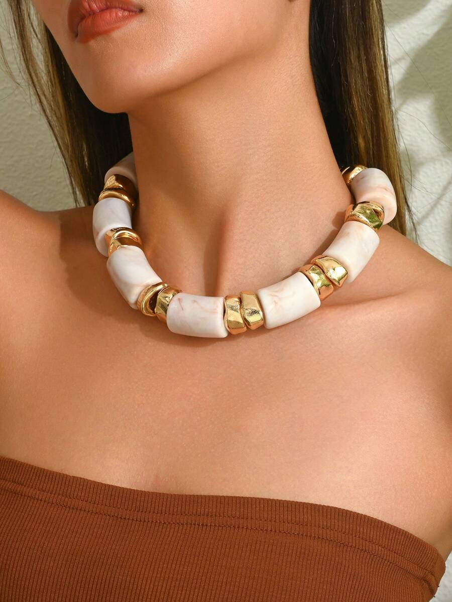 1pc High-End Elegant Sexy Bohemian Jade-Color Resin Block With Gold Nugget Asymmetrical CCB Beaded Necklace For Women. Options Include Faux Amber Beaded, Dark Green Beaded, Deep Red Floral Beaded With Gold Flower Pendant, And Multi-Color Mottled Beaded With Leopard Print Oval Pendant. Handmade, Length May Vary. Great Gift For Parties, Weddings, Jewelry - Multicolor - View 1