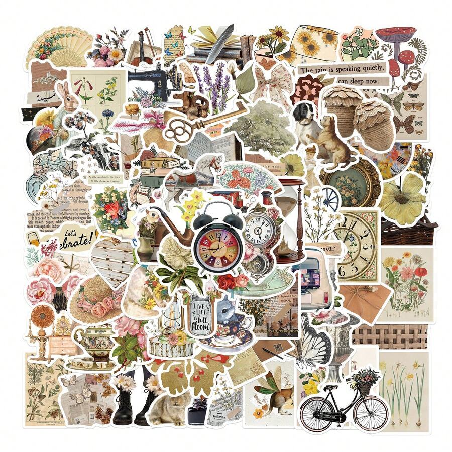 100 张复古贴纸 复古剪贴簿贴纸 可爱复古贴纸 波西米亚风贴纸 卡通贴纸 乙烯基防水贴纸 适用于水瓶、笔记本电脑、手机、滑板、剪贴簿、日记礼物 - 彩色 - 查看 1