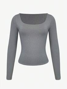 XLLAIS Plus Size Women Solid Color Casual Long Sleeve Crew Neck Sexy T-Shirt, Spring - Grey - View 4