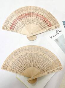 1pc Sandalwood Hollow Wooden Fan Wooden Fan Color Sandalwood Wooden Fan Hollow Folding Fan Printed Wooden Handicraft Fan Imitation Sandalwood Fan, Ideal Choice For Gifts