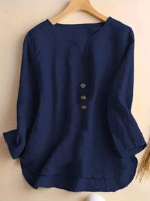 Women's Three Quarter Sleeve T-Shirt V Neck Button Top Basic T-Shirt Solid Color Shirt Loose Pullover Summer Shirt - 藏蓝色 - 查看 2