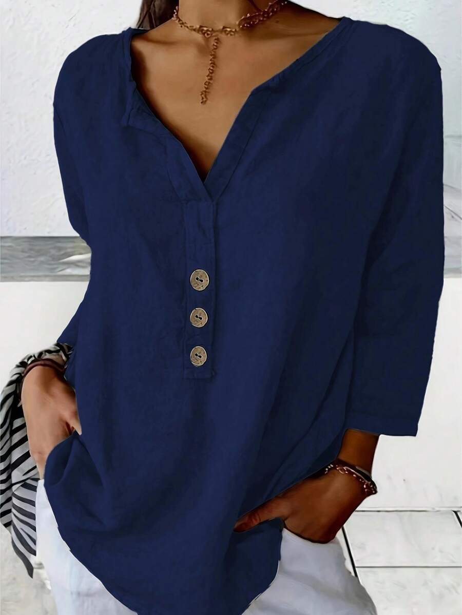 Women's Three Quarter Sleeve T-Shirt V Neck Button Top Basic T-Shirt Solid Color Shirt Loose Pullover Summer Shirt - 藏蓝色 - 查看 1