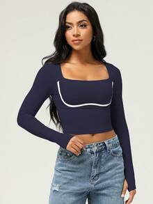 MASKERT 女士长袖女运动上衣瑜伽跑步上衣舒适亲肤运动 - 藏蓝色 - 查看 5