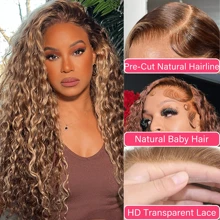 Pelucas sin pegamento Wear and Go, cabello humano precortado, desplumado, peluca rubia miel P4/27, pelucas de cabello humano con cierre de encaje HD de 5 x 5, cabello humano con densidad de 200 %, peluca de cabello humano rizado de 5 x 5 con cabello de bebé para mujeres - S4/27 - Ver 3