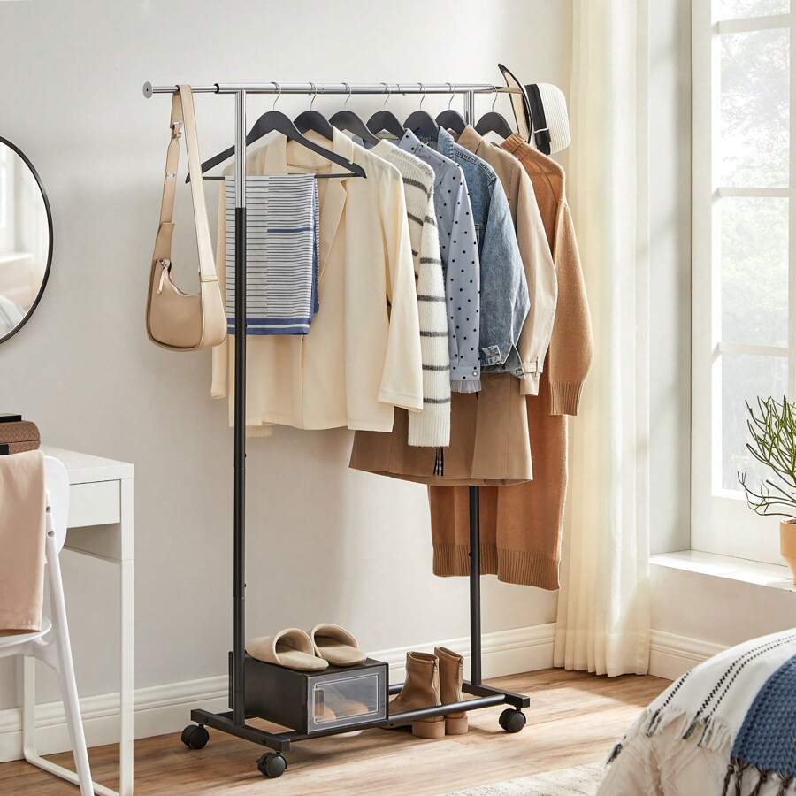 SONGMICS Stand Appendiabiti, Appendiabiti con Ruote, Capacità di Carico 25 kg, Estensibile, Color Argento e Nero - Einheitsgröße in Silber und Schwarz - Übersicht 1