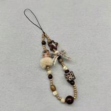 琥珀石狗牵引绳挂绳、CCD相机链、DIY串珠、暖色调孔雀石吊饰，适合送给母亲、家人、朋友、生日、节日的手机吊饰、手机链 - 小狗星豹紋珠方塊蝴蝶結掛繩 - 查看 3