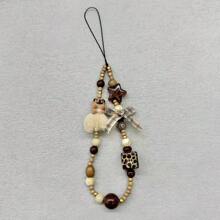 琥珀石狗牵引绳挂绳、CCD相机链、DIY串珠、暖色调孔雀石吊饰，适合送给母亲、家人、朋友、生日、节日的手机吊饰、手机链 - 小狗星豹紋珠方塊蝴蝶結掛繩 - 查看 1