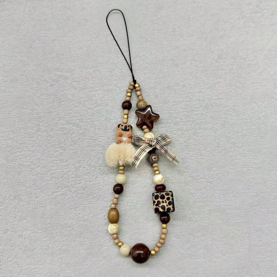 琥珀石狗牵引绳挂绳、CCD相机链、DIY串珠、暖色调孔雀石吊饰，适合送给母亲、家人、朋友、生日、节日的手机吊饰、手机链 - 小狗星豹紋珠方塊蝴蝶結掛繩 - 查看 1