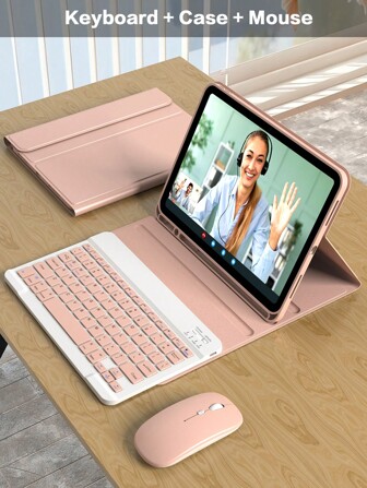 Keyboard Case And Mouse For IPad 5th/6th/7th/8th/9th/10th, Pro 11, Air 1/2/3/4/5/6 Case Detachable Wireless Keyboard Battery 150 MAh And Cover, Built-In Pen Holder-Pink