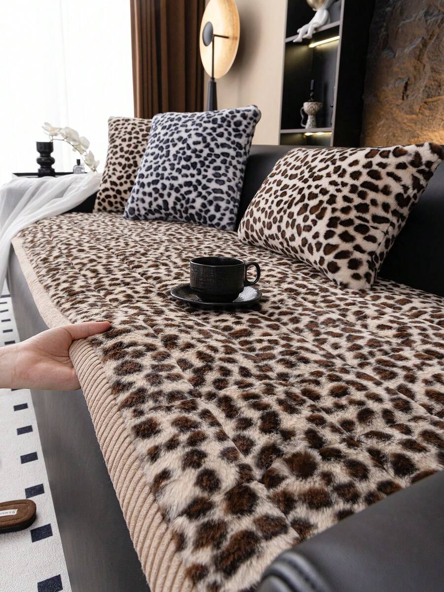 1 szt. pogrubiona pluszowa poduszka na sofę z nadrukiem w panterkę, bawełniany koc w stylu boho, wykonany z jednoczęściowej, krótkiej pluszowej tkaniny, nadający się do prania w pralce, przyjazny dla zwierząt, antypoślizgowy pokrowiec ochronny, odpowiedni do sof jedno- i czteroosobowych, prezent świąteczny