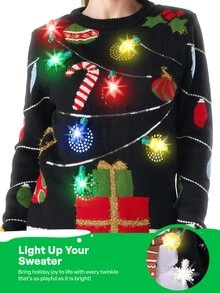 JOYFY 女款 LED 发光灯串丑陋圣诞毛衣带灯泡套头毛衣舞会 - 黑色 - 查看 5