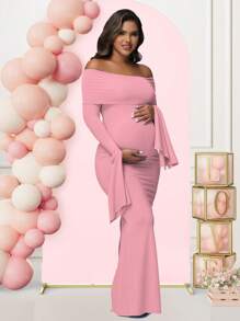 Maternity Long Sleeve Solid Color Off-Shoulder Dress For Baby Shower Photoshoot Party - Pink - View 4