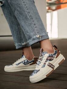 男士个性化时尚随机字母印花丝带设计滑板鞋，撞色百搭户外舒适系带休闲跑步运动鞋 - 米色 - 查看 7