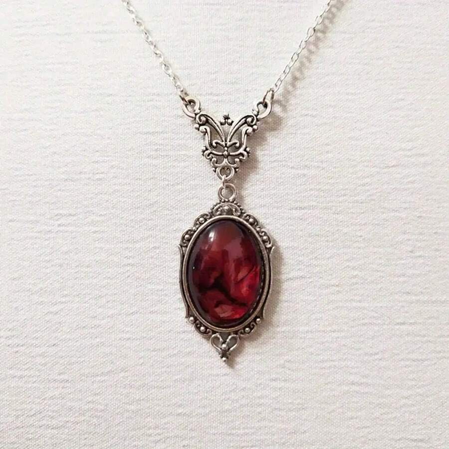 1pc Vintage Red Necklace, Fashion Jewelry Pendant Necklace - Antique Silver - View 1