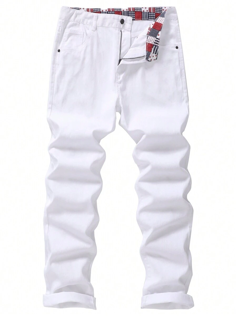 Men's Non-Stretch Regular Fit Straight Tapered Denim Pants Jeans - White - View 1