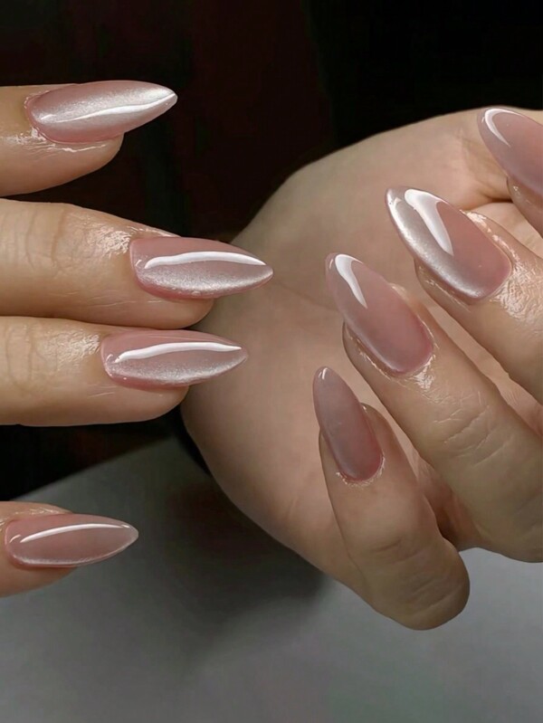Instantly Upgrade Your Look With 24pcs Casual Elegant Romantic Simple Vintege Daily Minimalist Modernist Classic Nordic Style Lotus Root Powder Color Aurora Cat's EyeGlass Beads Medium Almond Press On Nails Fake Nail Kit,Suitable For Gentle And Elegant Girls And Women To Use In Daily Life And Shopping