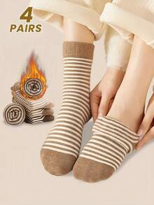 4 双纯色女士中筒袜，冬季加厚保暖袜，毛绒女士袜子，条纹中筒袜 - 彩色 - 查看 1