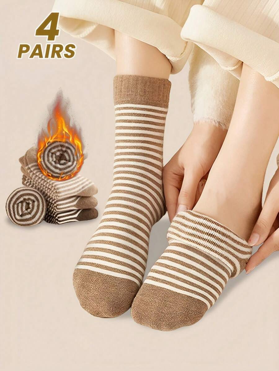 4 双纯色女士中筒袜，冬季加厚保暖袜，毛绒女士袜子，条纹中筒袜 - 彩色 - 查看 1