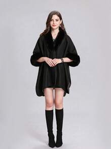 1 件女士纯色仿毛领长款连帽斗篷，防风保暖披肩，适合日常穿着、派对、节日装饰