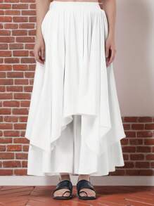 Falda de mujer de largo medio irregular cintura elástica falda de medio cuerpo marea Faldas de Mujer Falda midi asimétrica informal y moderna con cintura elástica en color liso, falda de doble capa. - Blanco - Ver 2