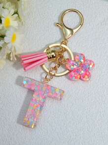 1 件粉色亮片字母钥匙扣、树脂钥匙扣吊坠、个性化背包装饰、花卉流苏礼物情人节汽车配件包魅力学院可爱哥特 Y2k