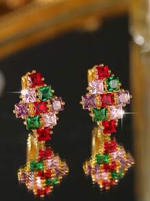 1 对华丽闪亮彩色方晶锆石镶饰优雅时尚圆形装饰耳环奢华派对珠宝女士 - 彩色的 - 查看 3