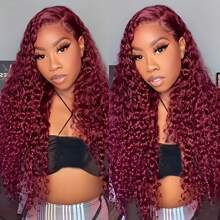 99j Burgundy Lace Front Wigs Human Hair 28 Inch Deep Curly Lace Front Wigs Human Hair Pre Plucked Red Curly Human Hair Wig 13x4 HD Colored Frontal Glueless Wet And Wavy Curly Wig - Burgundy - View 6