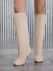 Phong cách với quần short, bốt cao đến giữa bắp chân co giãn cổ điển dành cho nữ, bốt cao gót mũi vuông bằng da lộn ấm áp gợi cảm, mùa thu/đông, màu mơ, bốt gót mèo, dự tiệc - Màu be - Xem 3