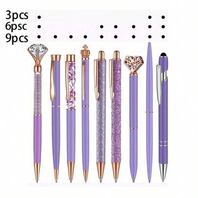 3/6/9pcs Ball Point Pens, Metal Crystal Pens, Rhinestone Pens, Liquid Glitter Shiny Pens, Black Ink Writing, Cute Pens For Women/Students, Office Desk Supplies (Blue) Back To School