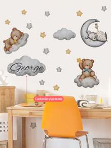 1 Pieza de 30 x 120 cm Pegatinas de pared personalizadas con texto, pegatinas de pared de dibujos animados con luna, nubes, osos, estrellas, globos para decoración de dormitorio, sala de estar, Pintura decorativa para el hogar, Pintura autoadhesiva removible para decoración de aula escolar, PVC