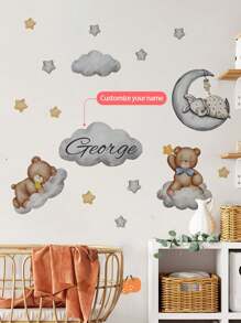 1 Pieza de 30 x 120 cm Pegatinas de pared personalizadas con texto, pegatinas de pared de dibujos animados con luna, nubes, osos, estrellas, globos para decoración de dormitorio, sala de estar, Pintura decorativa para el hogar, Pintura autoadhesiva removible para decoración de aula escolar, PVC