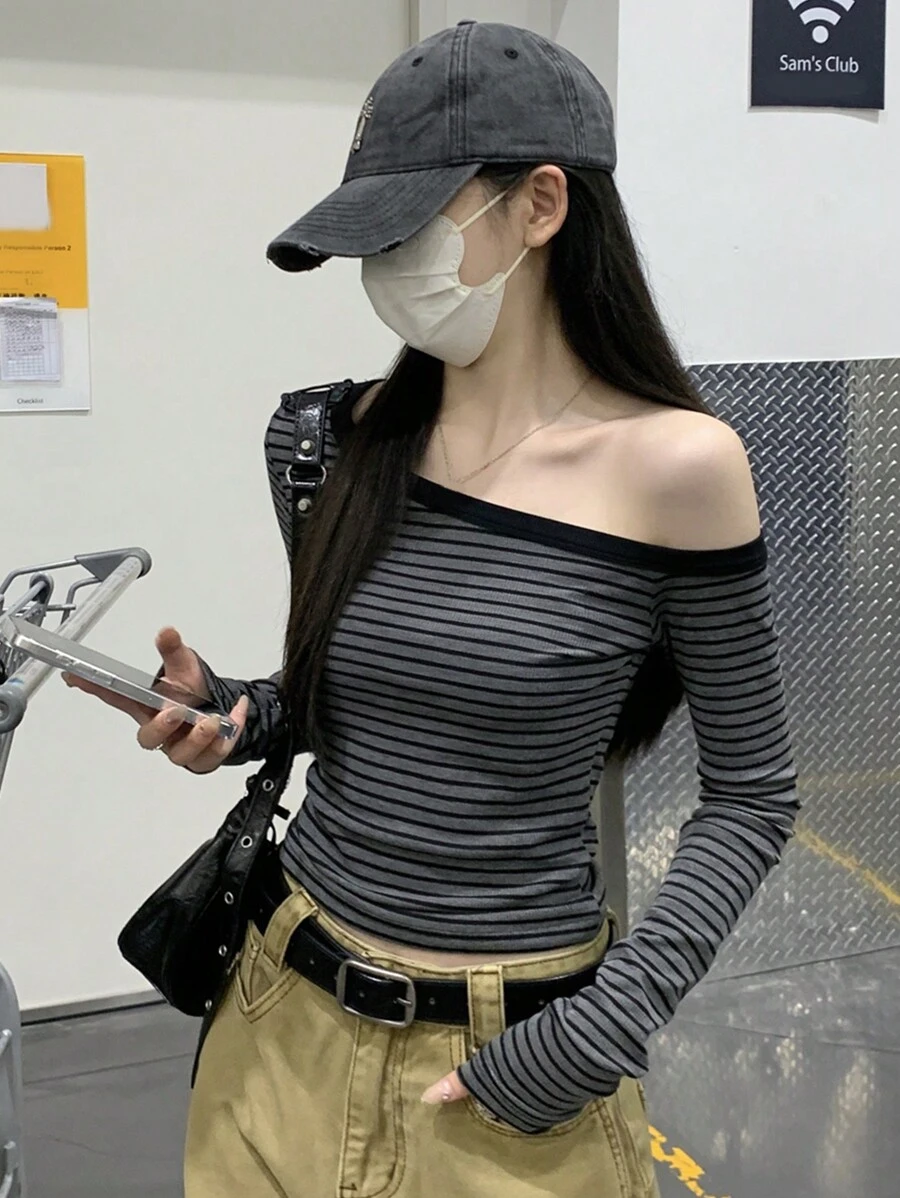 Women Casual Striped Oblique Shoulder Long Sleeve Slim Fit T-Shirt Layering Tops, Fashionable & Versatile For Spring And Autumn - Grey - View 1