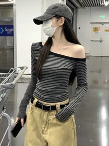 Women Casual Striped Oblique Shoulder Long Sleeve Slim Fit T-Shirt Layering Tops, Fashionable & Versatile For Spring And Autumn - Grey - View 3